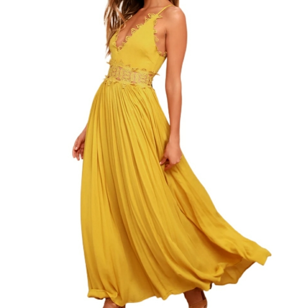 This is Love Mustard Yellow Lace Maxi Dress